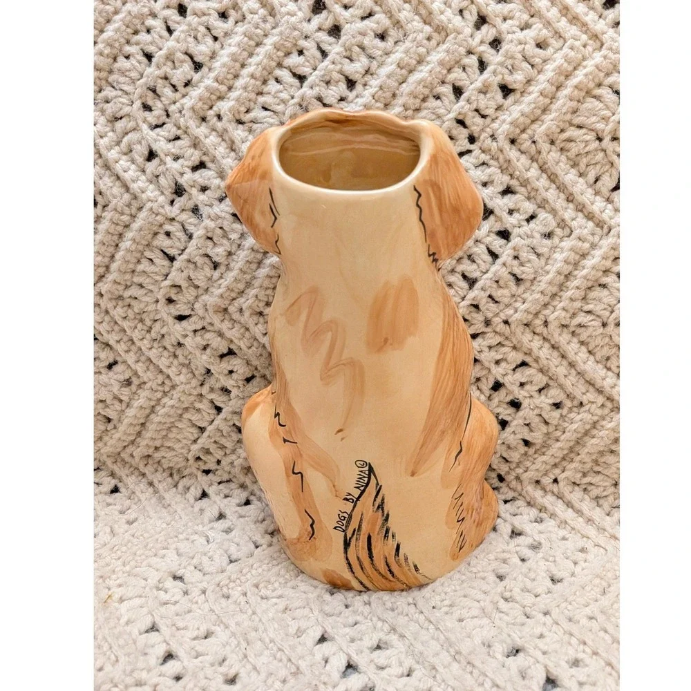 Nina Lyman Dogs by Nina Golden Retriever Puppy Ceramic Vase Hand Painted 8.5in